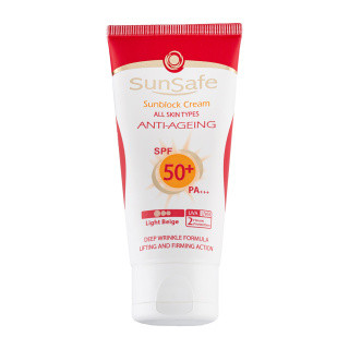 ضد آفتاب کرم پودری +SPF50 سان سیف SunSafe رنگ بژ طبیعی ضد چروک ANTI-AGEING مناسب انواع پوست حجم 50 میلی لیتر